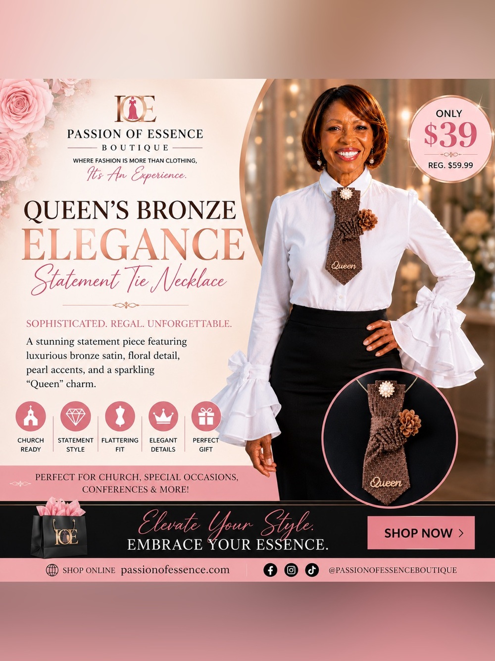 Queen’s Bronze Elegance Statement Tie Necklace